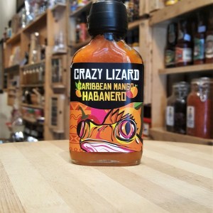 Botella de salsa picante crazy lizard caribbean mango habanero en la tienda de especias Sally Pepper Spices