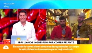 Imagen del directo del programa Mañaneros de La 1. Con Jaime Cantizano a la izquierda de la pantalla en el estudio y a la izquierda el periodista Pablo Fritschi junto con uno de los propietarios de "Sally Pepper" Juan José Pariente